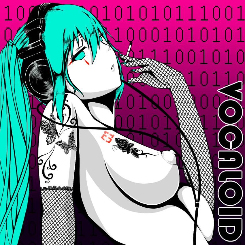 aqua_eyes aqua_hair bad_id bad_pixiv_id binary breasts cigarette fishnet_gloves fishnets gloves hatsune_miku headphones highres large_breasts long_hair michitose_michiru nipples nude solo tattoo upper_body vocaloid white_skin