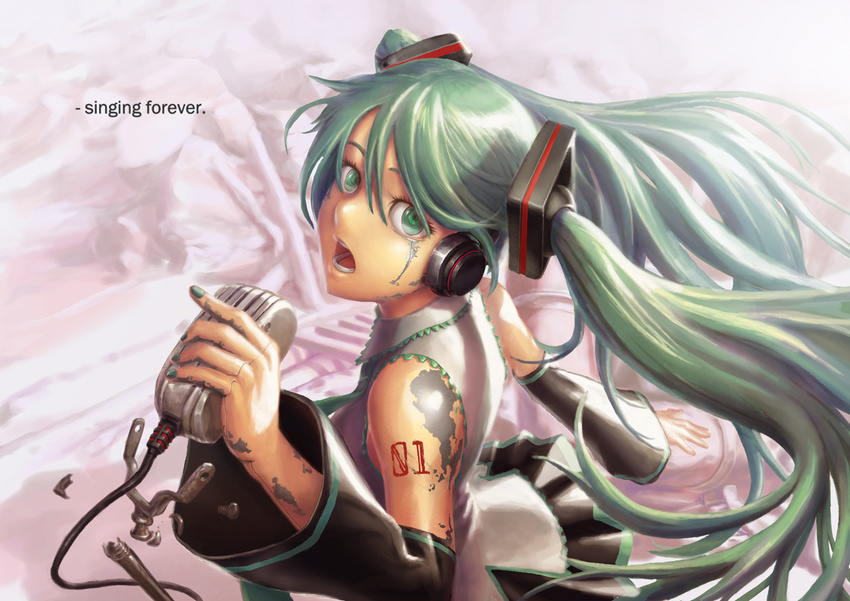 android aqua_eyes aqua_hair detached_sleeves dnlin hatsune_miku headphones long_hair looking_at_viewer microphone microphone_stand music open_mouth singing solo twintails vintage_microphone vocaloid