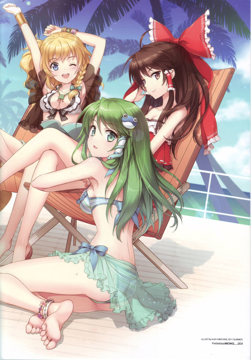 an2a anklet aqua_sarong armpits arms_up ass barefoot bikini blonde_hair blue_eyes blush bracelet breasts brown_eyes brown_hair chair cleavage closed_eyes cropped crossed_legs day frog_hair_ornament green_eyes green_hair hair_ornament hair_ribbon hakurei_reimu highres jewelry kirisame_marisa kochiya_sanae long_hair looking_at_viewer looking_back lounge_chair multiple_girls one_eye_closed open_mouth outdoors palm_tree red_ribbon ribbon sarong sitting small_breasts smile snake swimsuit touhou translucent_sarong tree