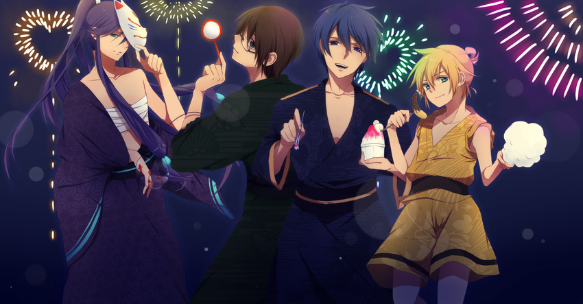 bandage black_eyes blonde_hair blue_eyes blue_hair brown_hair festival fireworks food green_eyes hiyama_kiyoteru japanese_clothes kagamine_len kaito kamui_gakupo long_hair male mask purple_hair vocaloid yukata