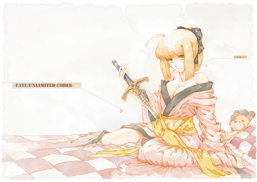 blonde_hair cleavage fate/stay_night fate/zero green_eyes japanese_clothes kimono lily_(vocaloid) saber saber_lily sword vocaloid weapon