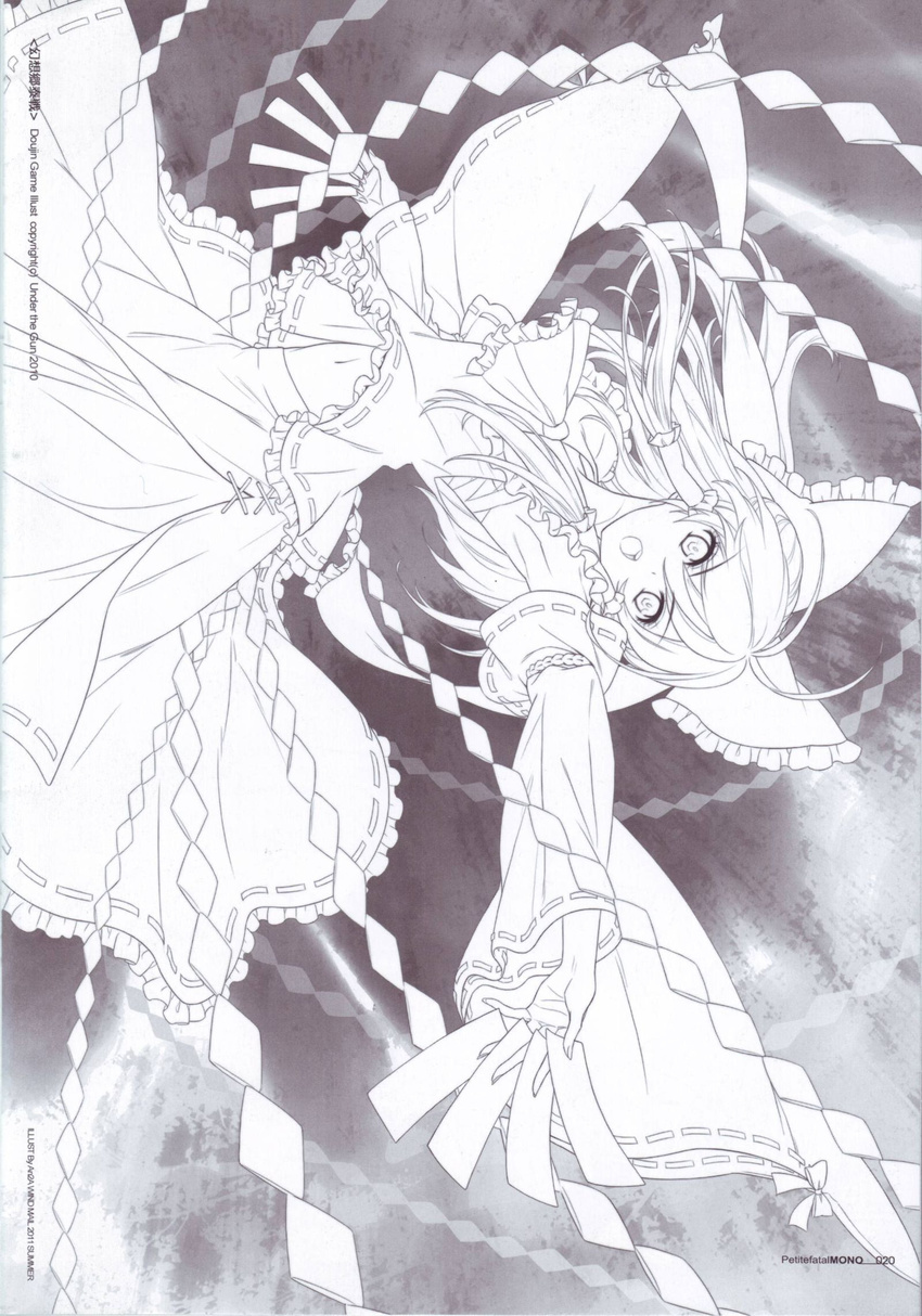 an2a bow hair_bow hair_tubes hakurei_reimu highres long_hair monochrome open_mouth scan solo touhou