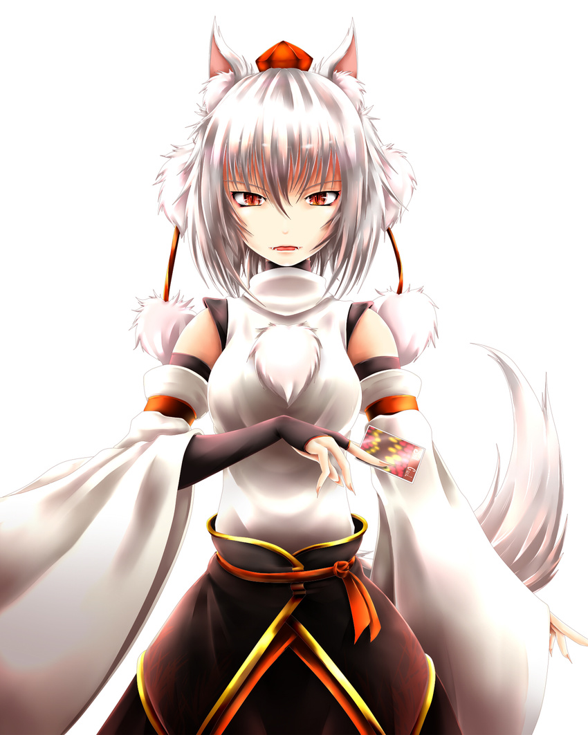 animal_ears card detached_sleeves fangs fingerless_gloves gloves hat highres inubashiri_momiji inyuppo open_mouth pom_pom_(clothes) red_eyes simple_background slit_pupils solo spell_card tail tokin_hat touhou white_background white_hair wolf_ears wolf_tail