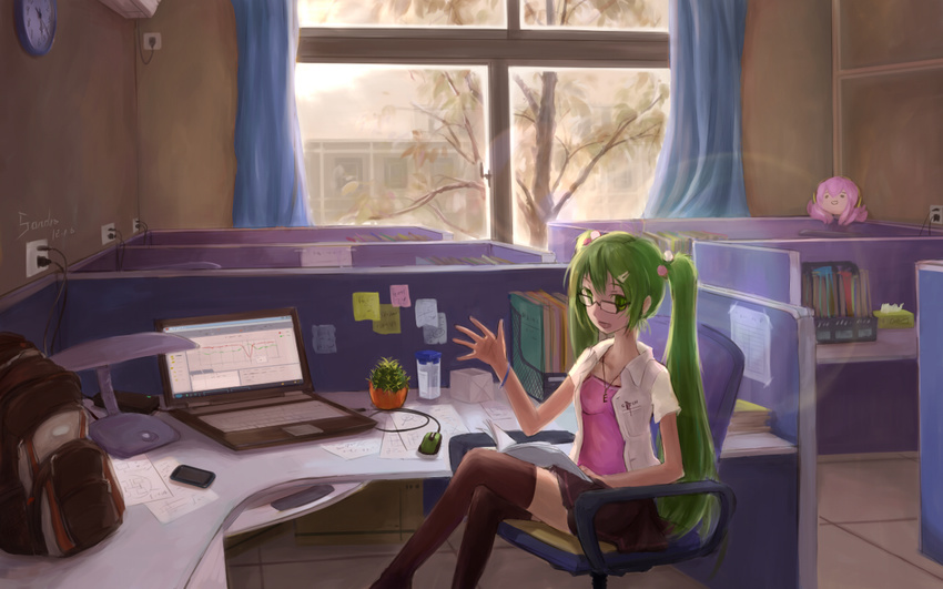 bad_id bad_pixiv_id bespectacled bracelet chair clock computer crossed_legs curtains electric_socket glasses green_eyes green_hair hatsune_miku jewelry lamp laptop lens_flare long_hair megurine_luka necklace office office_chair plant sitting skirt solo spark_(sandro) takoluka thighhighs twintails very_long_hair vocaloid waving window