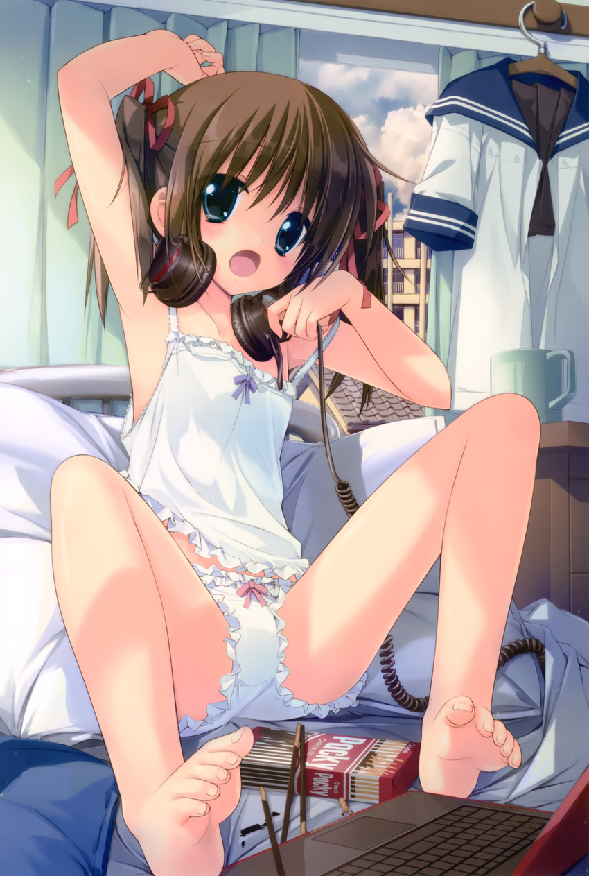 :o absurdres arm_up armpits barefoot bed blue_eyes blush bow bow_panties brown_hair cable camisole cloud computer cup desk drape feet flat_chest food frilled_panties frills gotou_nao hair_ribbon headphones headphones_around_neck highres indoors laptop lingerie long_hair looking_at_viewer mug open_mouth original panties pillow pocky ribbon school_uniform serafuku short_hair sitting sky solo spread_legs toes twintails underwear underwear_only white_panties window yawning