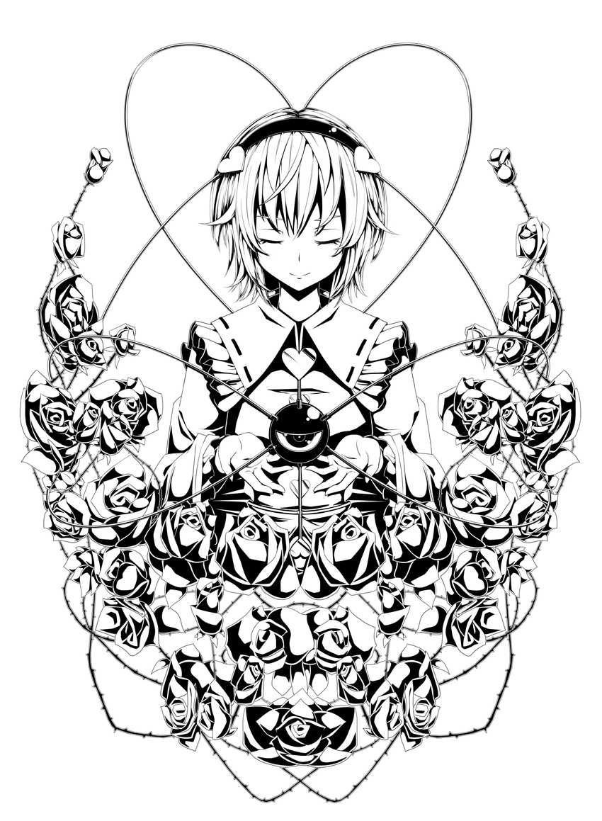 closed_eyes eyeball flower greyscale hairband heart highres komeiji_satori monochrome nikka_(cryptomeria) plant rose shirt short_hair smile solo third_eye touhou vines