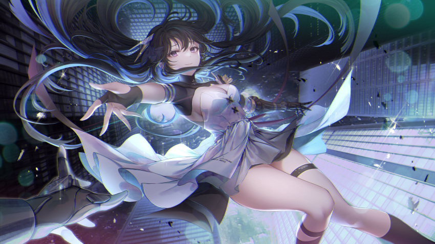 1girl absurdres bangs black_gloves black_hair breasts cleavage closed_mouth dress english_commentary fingerless_gloves gloves hair_spread_out highres kneehighs long_hair looking_at_viewer official_art outstretched_arms outstretched_hand ozzingo pov pov_hands punishing:_gray_raven purple_eyes selena_(punishing:_gray_raven) sideboob sidelocks socks strapless strapless_dress thigh_strap thighs