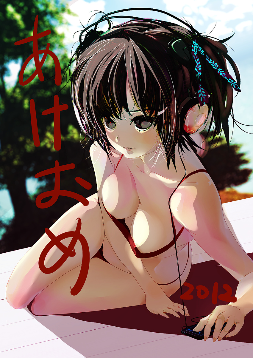 bad_id bad_pixiv_id bare_shoulders bikini breasts brown_eyes brown_hair cleavage headphones highres lying medium_breasts new_year on_side original rab6 solo swimsuit tree