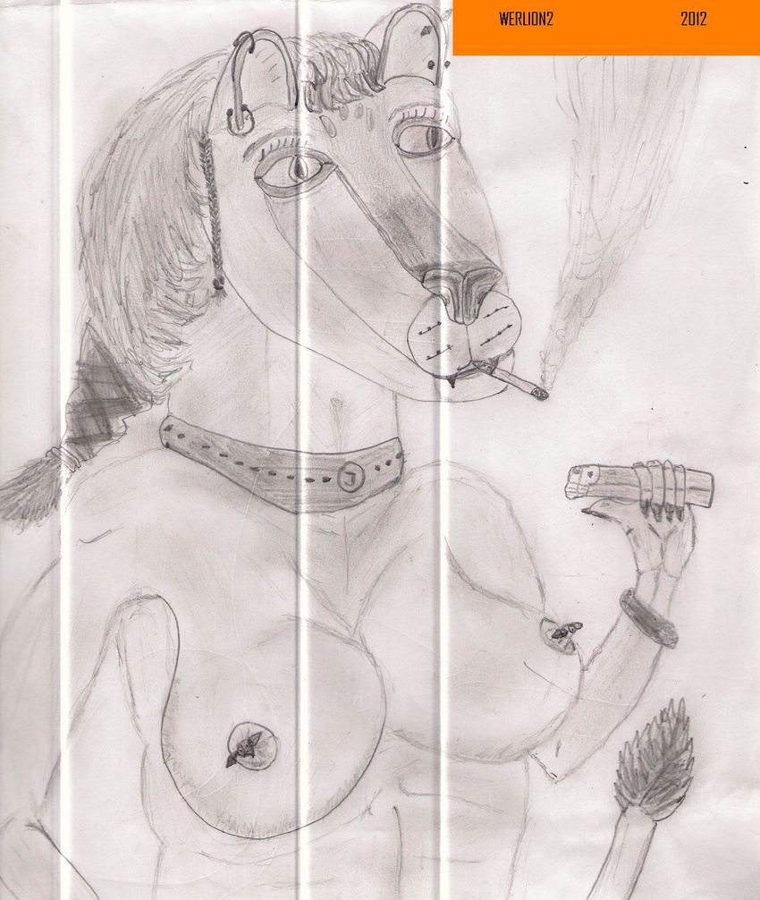 2012 breasts cigarette creepy ear_piercing feline female greyscale holding lighter lion mammal monochrome nipple_piercing nipples piercing sketch traditional_media werlion2