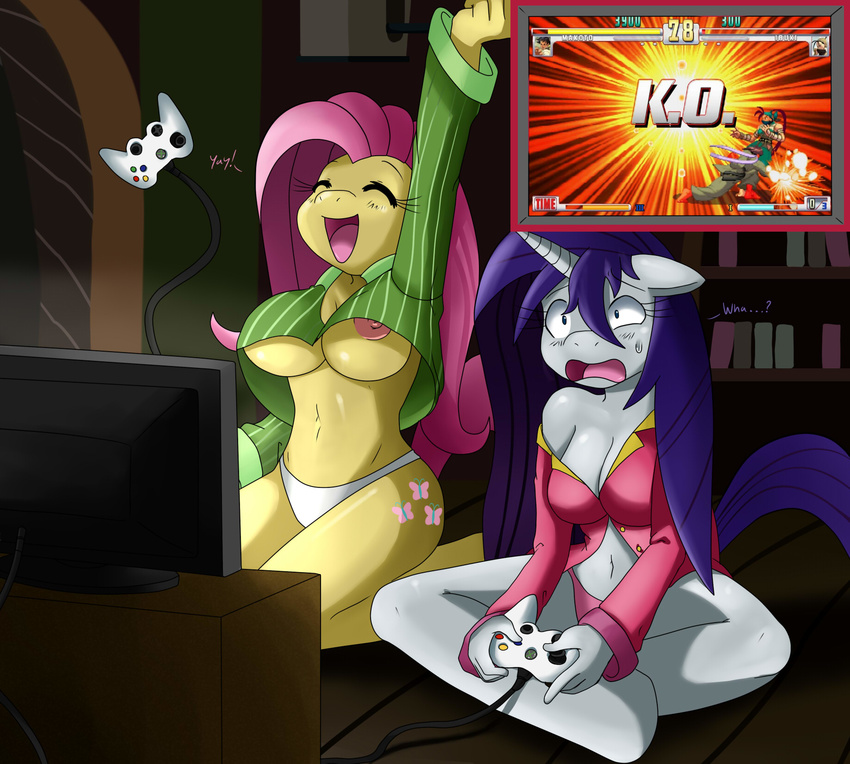 3rd_strike anthro anthrofied big_breasts blue_eyes breasts capcom cleavage clothed clothing cutie_mark equine excited eyes_closed female fight fluttershy_(mlp) friendship_is_magic gaming hair horn horse long_hair mammal microsoft my_little_pony nipple_slip nipples open_mouth pegasus pink_hair pony purple_hair rarity_(mlp) shocked short_hair sleepover sssonic2 street_fighter street_fighter_iii under_boob unicorn video_games wings xbox xbox_360 xbox_controller