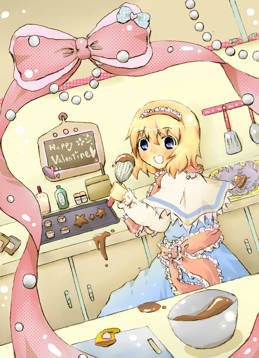 alice_margatroid bad_id bad_pixiv_id blonde_hair blue_eyes blush bottle bow bowl cabinet chalkboard chocolate cooking cupcake cutting_board food frills hairband happy_valentine heart highres holding kitchen ladle nanahamu ribbon shawl smile snow solo spatula spill touhou valentine