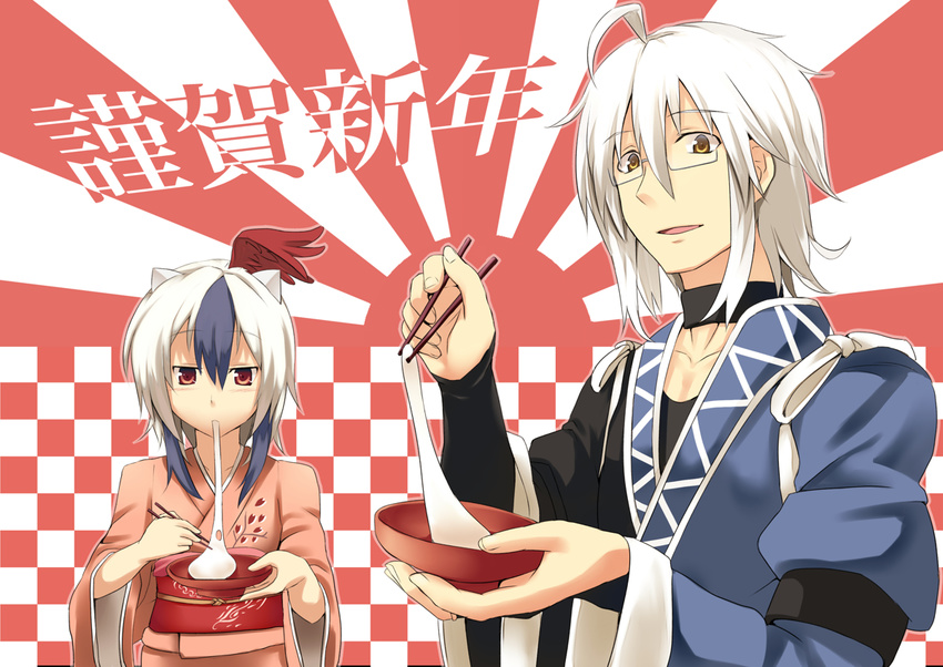 1girl ahoge alternate_costume blue_hair bow checkered checkered_background choker chopsticks eating food glasses head_wings horns japanese_clothes kimono mochi morichika_rinnosuke multicolored_hair new_year open_mouth red_eyes roten_(rotenburo) short_hair silver_hair single_head_wing smile tokiko_(touhou) touhou two-tone_hair wagashi wings