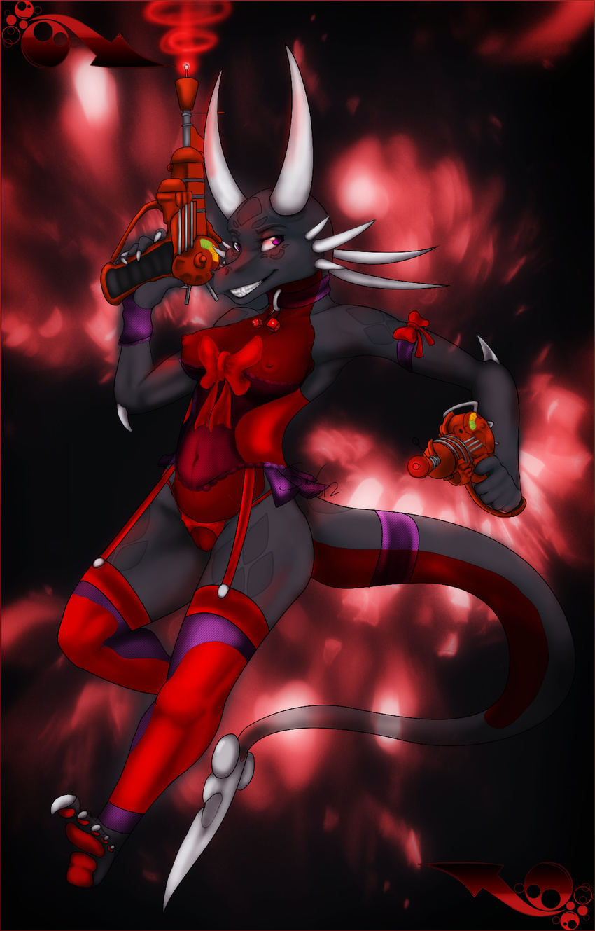 abstract_background black bow breasts call_of_duty corset cynder-the-dragon dragon eyes_open female garters glove gun markings panties purple_eyes pussy ranged_weapon raygun red savage scalie smile spikes stockings tail underwear weapon