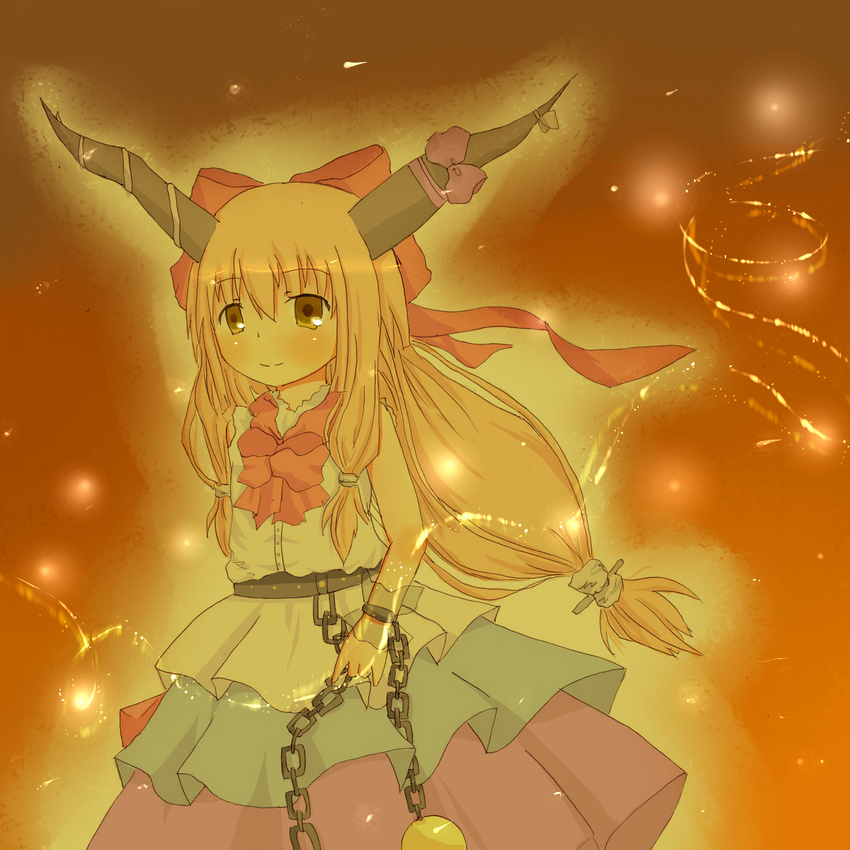 bad_id bad_pixiv_id belt blonde_hair blush bow chain dress_shirt frills glowing hair_bow hair_ribbon highres horns ibuki_suika layered_skirt long_hair low-tied_long_hair nanahamu oni ponytail ribbon shirt smile solo touhou tress_ribbon yellow_eyes