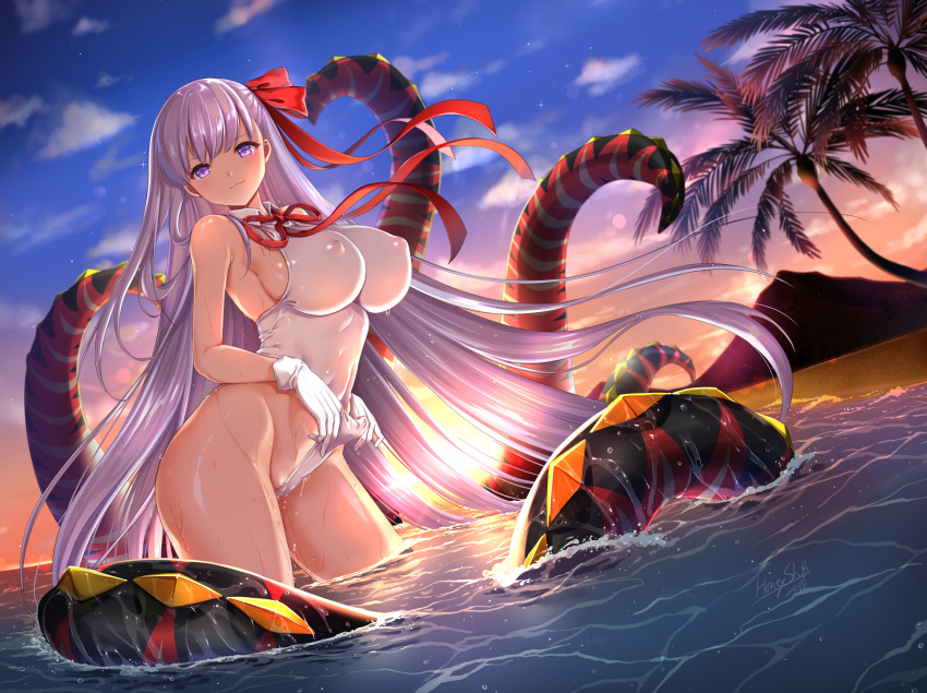 1girl backlighting bangs bare_shoulders bb_(fate)_(all) bb_(fate/extra_ccc) blue_sky blush breasts casual_one-piece_swimsuit closed_mouth cloud cloudy_sky commentary_request covered_navel day eyebrows_visible_through_hair fate/grand_order fate_(series) gloves hair_ribbon highleg highleg_swimsuit highres large_breasts long_hair looking_at_viewer ocean one-piece_swimsuit outdoors purple_eyes purple_hair red_ribbon ribbon see-through shibi sky smile solo standing sun sunlight sunset swimsuit swimsuit_pull tentacle tree very_long_hair wading water wet white_gloves white_swimsuit