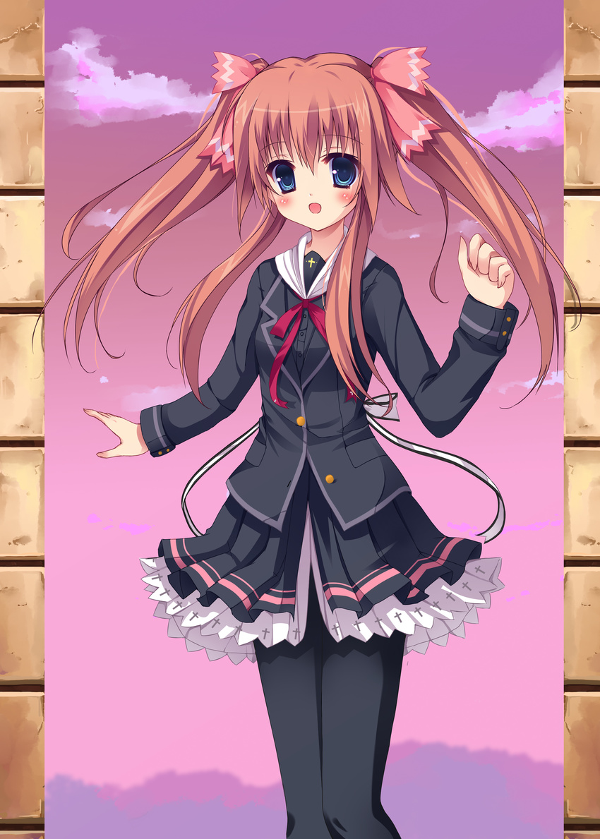:d absurdres bad_id bad_pixiv_id black_jacket black_legwear black_shirt black_skirt blazer blue_eyes blurry blush bow breasts buttons clenched_hand cloud cowboy_shot cross depth_of_field ebicha gradient hair_ribbon hand_up happy hello_good-bye highres horizon jacket legs_together long_hair long_sleeves looking_at_viewer miniskirt neck_ribbon open_mouth orange_hair outdoors pantyhose petticoat pink_ribbon pleated_skirt red_ribbon ribbon school_uniform shirt showgirl_skirt sidelocks skirt sky sleeve_cuffs small_breasts smile solo standing twilight twintails white_bow white_ribbon yukishiro_may