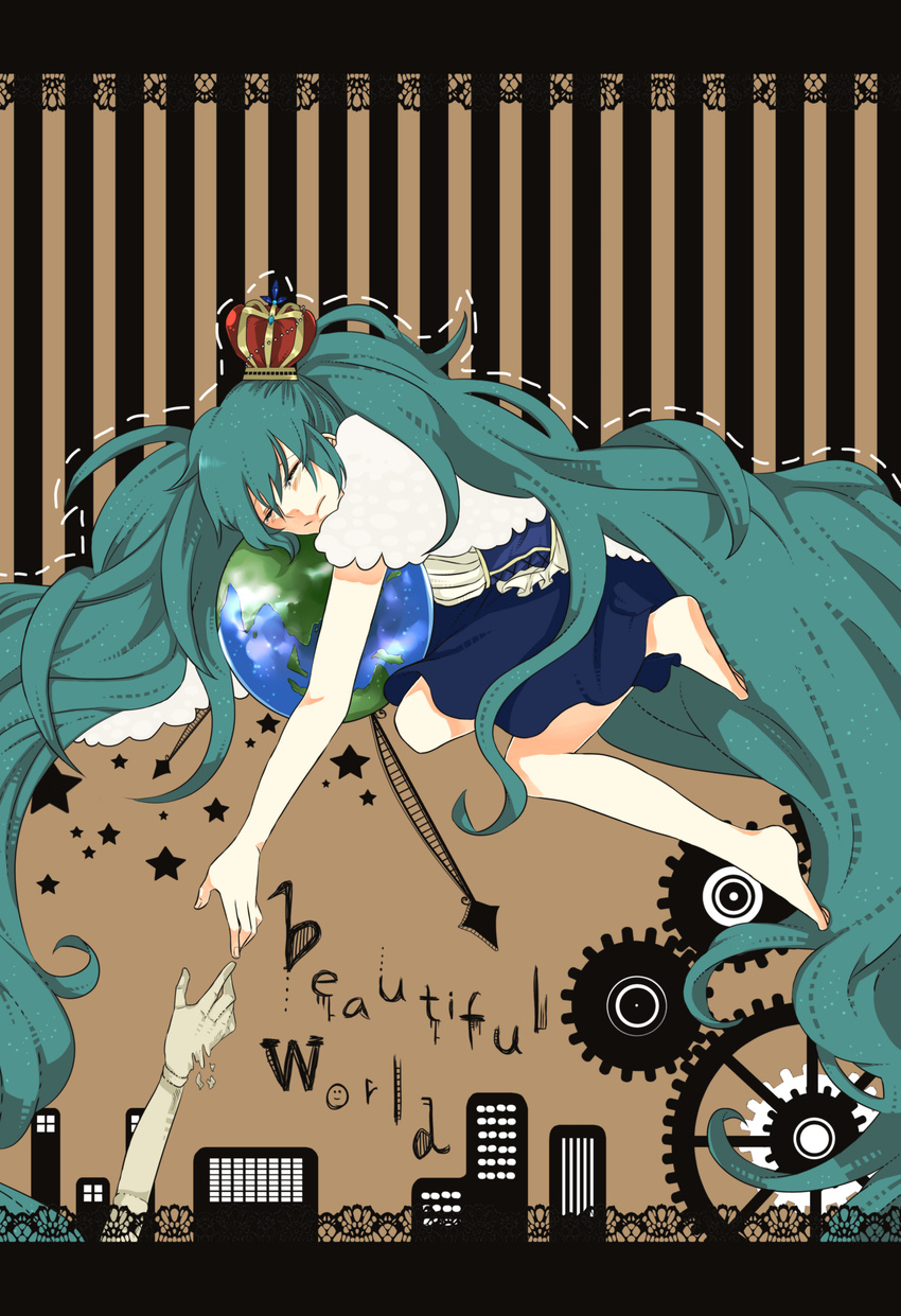absurdres bad_id bad_pixiv_id barefoot closed_eyes crown gears globe green_hair hatsune_miku highres letterboxed long_hair reaching solo_focus striped striped_background twintails very_long_hair vocaloid wataame