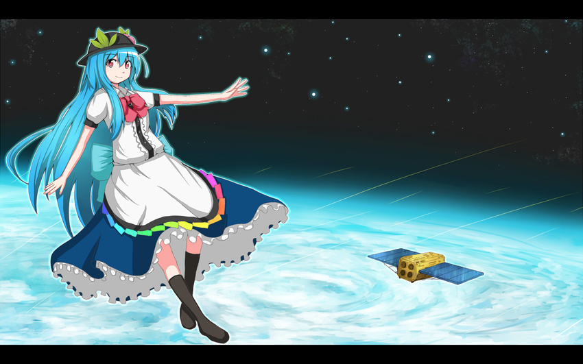 bad_id bad_pixiv_id blue_hair food fruit hat hinanawi_tenshi kazemachi_kei letterboxed long_hair mecha_request peach red_eyes satellite smile solo space touhou very_long_hair