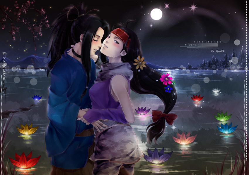 1boy 1girl belt black_hair blush choker flower haku_(naruto) hazel_eyes headband highres lake lantern long_hair lotus moon naruto night ponytail ribbon scarf star stars tsuchi_kin yellow_eyes