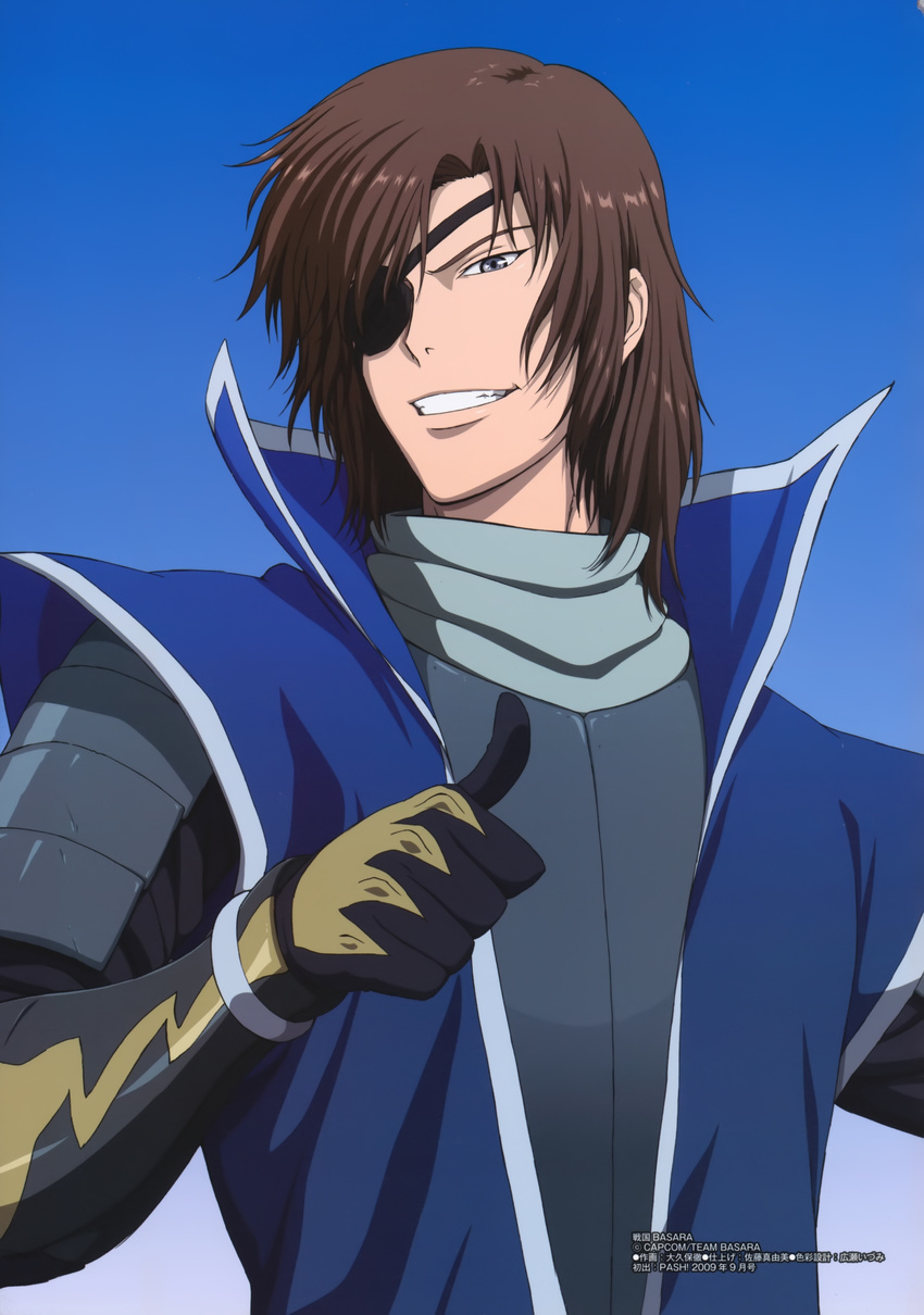 absurdres armor artist_request brown_hair date_masamune_(sengoku_basara) eyepatch gloves grey_eyes highres male_focus official_art sengoku_basara smile solo