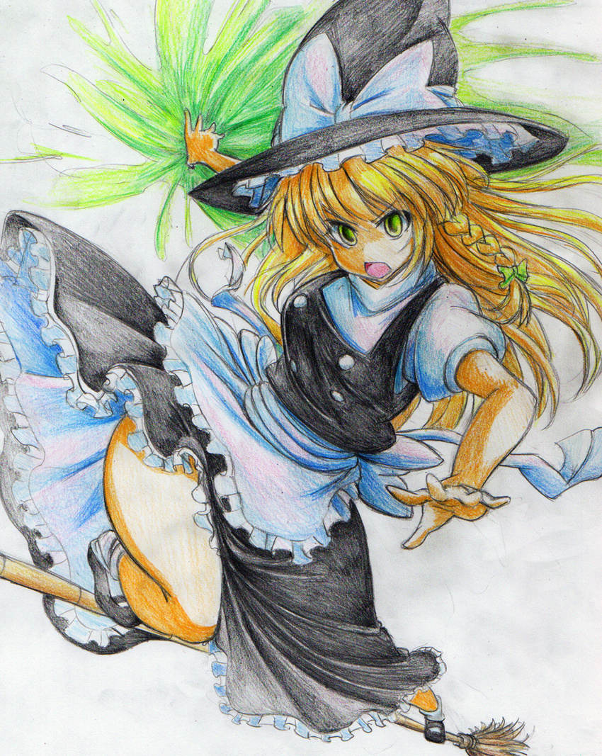 apron blonde_hair braid broom broom_surfing colored_pencil_(medium) frown green_eyes hands hat highres kirisame_marisa kitazinger long_hair looking_at_viewer magic open_mouth outstretched_hand perspective petticoat side_braid solo thighhighs touhou traditional_media waist_apron witch_hat yellow_eyes