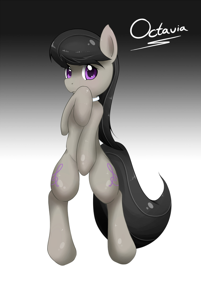 black_hair bow_tie covering cutie_mark equine female friendship_is_magic gradient_background hair horse long_hair looking_at_viewer my_little_pony octavia_(mlp) pony purple_eyes shy smitty_g solo tail