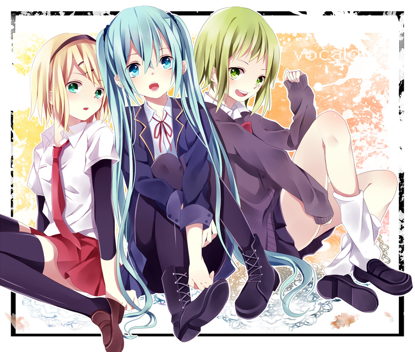 aqua_eyes aqua_hair bad_id bad_pixiv_id blonde_hair green_eyes green_hair gumi hair_ornament hairclip hatsune_miku kagamine_rin kouko leg_hug loafers long_hair multiple_girls necktie open_mouth pantyhose shoes short_hair sitting skirt socks sweater thighhighs twintails very_long_hair vocaloid