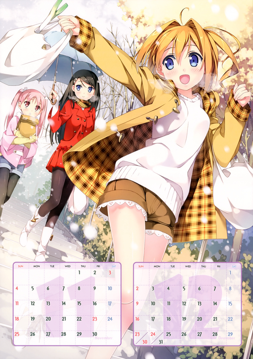 :o absurdres arm_up arm_warmers bag black_hair black_legwear blonde_hair blue_eyes blush boots bow calendar_(medium) hair_bow hair_ornament hairclip highres holding huge_filesize jacket kantoku legwear_under_shorts long_hair miyaguchi_hiromi miyaguchi_kanna miyaguchi_kei multiple_girls open_mouth original pantyhose pink_eyes pink_hair plaid scan scarf shorts smile snow snowing spring_onion stairs steam tree twintails walking