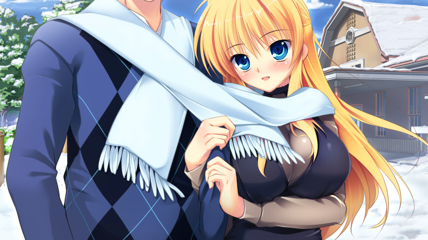 blonde_hair blue_eyes game_cg kazamatsuri_koromo long_hair manatsu_no_yoru_no_yuki_monogatari mikeou scarf