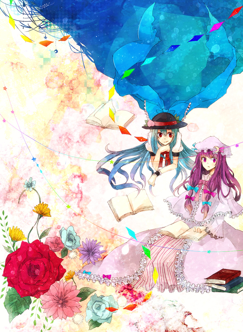 blue_flower blue_hair blue_rose book bow capelet crescent dress flower food fruit hair_bow hair_ribbon hat highres hinanawi_tenshi long_hair multiple_girls patchouli_knowledge peach purple_eyes purple_hair red_eyes red_flower red_rose ribbon rose shiratsuyu smile touhou traditional_media watercolor_(medium) wrist_cuffs