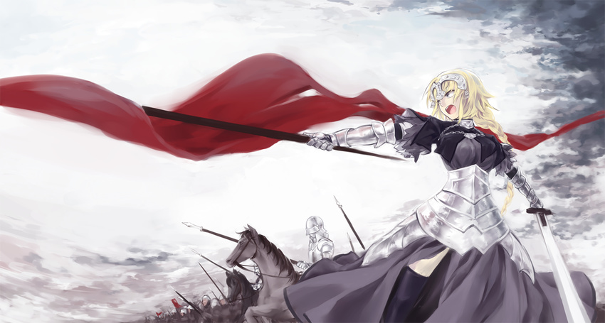 armor armored_dress army blonde_hair braid dress fate/apocrypha fate_(series) feet_out_of_frame flag gauntlets headpiece horse horseback_riding jeanne_d'arc_(fate) jeanne_d'arc_(fate)_(all) knight long_hair purple_eyes riding sionnav solo_focus standing sword thighhighs weapon