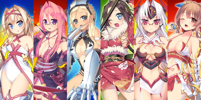 ;d albino alternate_eye_color alternate_hair_color bare_shoulders belt blonde_hair blue_eyes braid breasts brown_eyes brown_hair center_opening character_request claws column_lineup detached_sleeves glasses gloves hair_intakes kashiwamochi_yomogi leotard long_hair medium_breasts midriff mogami_yoshiaki_(sengoku_collection) multiple_girls one_eye_closed open_mouth pink_eyes pink_hair purple_eyes red-framed_eyewear red_eyes sengoku_collection small_breasts smile tan tanline white_hair