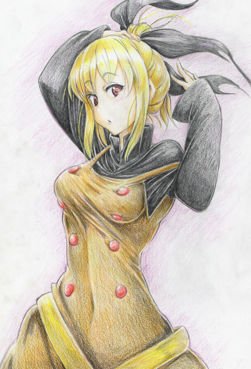 :o absurdres adjusting_hair blonde_hair breasts buttons colored_pencil_(medium) hair_ribbon hair_up highres kitazinger kurodani_yamame looking_at_viewer medium_breasts ribbon shirt short_hair sidelocks sleeves_past_wrists solo strap_slip taut_clothes taut_shirt touhou traditional_media upper_body