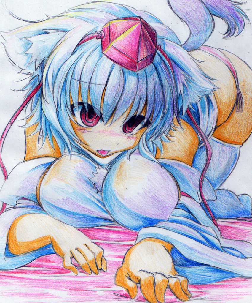 animal_ears blush breasts colored_pencil_(medium) detached_sleeves hands hat highres inubashiri_momiji kitazinger large_breasts panties red_eyes short_hair side-tie_panties solo tail thighhighs tokin_hat tongue top-down_bottom-up touhou traditional_media underwear white_hair white_legwear wolf_ears wolf_tail