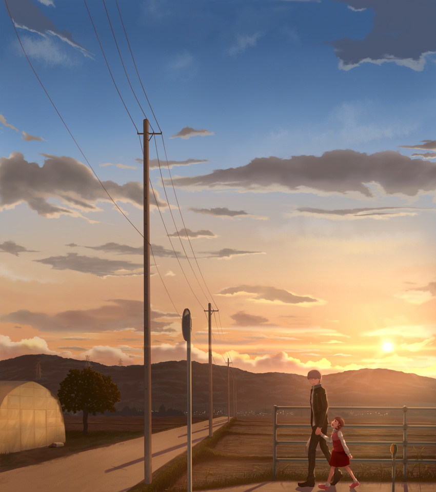 1girl brown_eyes brown_hair child closed_eyes cloud doujima_nanako grey_hair highres holding_hands looking_down looking_up narukami_yuu persona persona_4 road scenery short_hair sky sunset twintails walking yuugure