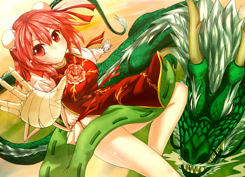 bandages bun_cover chain double_bun dragon flower giorgio_claes horns ibaraki_kasen pink_hair red_eyes rose scales sharp_teeth short_hair smile solo teeth touhou whiskers