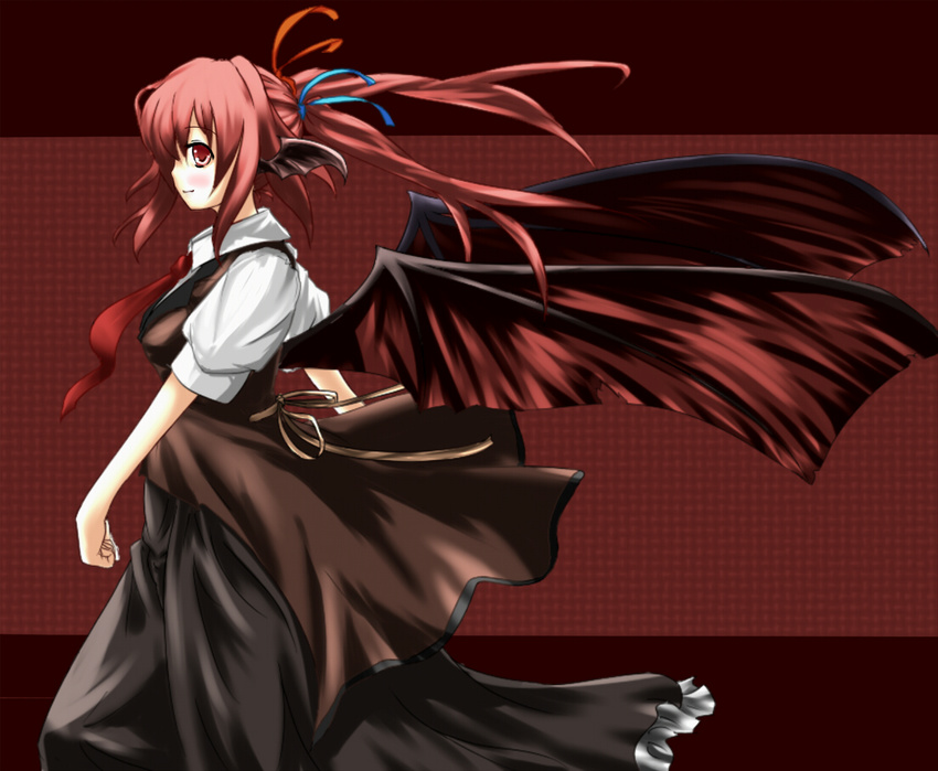 alternate_hairstyle apron bat_wings blue_ribbon blush bow breasts dress_shirt hair_bow head_wings koakuma long_hair low_wings medium_breasts necktie profile red_eyes red_hair red_neckwear red_ribbon ribbon shirokuro_yagi shirt short_sleeves skirt skirt_set smile solo touhou vest wings