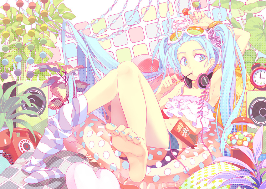 alarm_clock aqua_nails arm_up armpits barefoot blue_eyes blue_hair bracelet candy chewing_gum clock corded_phone eating eyewear_on_head feet food gumball gumball_machine hatsune_miku headphones headphones_around_neck innertube jewelry legs lollipop long_hair midriff nail_polish navel osamu_(jagabata) phone plant pocky rotary_phone scrunchie sitting sock_dangle socks_removed soles solo speaker sunglasses swirl_lollipop thighhigh_dangle toenail_polish toes twintails very_long_hair vocaloid