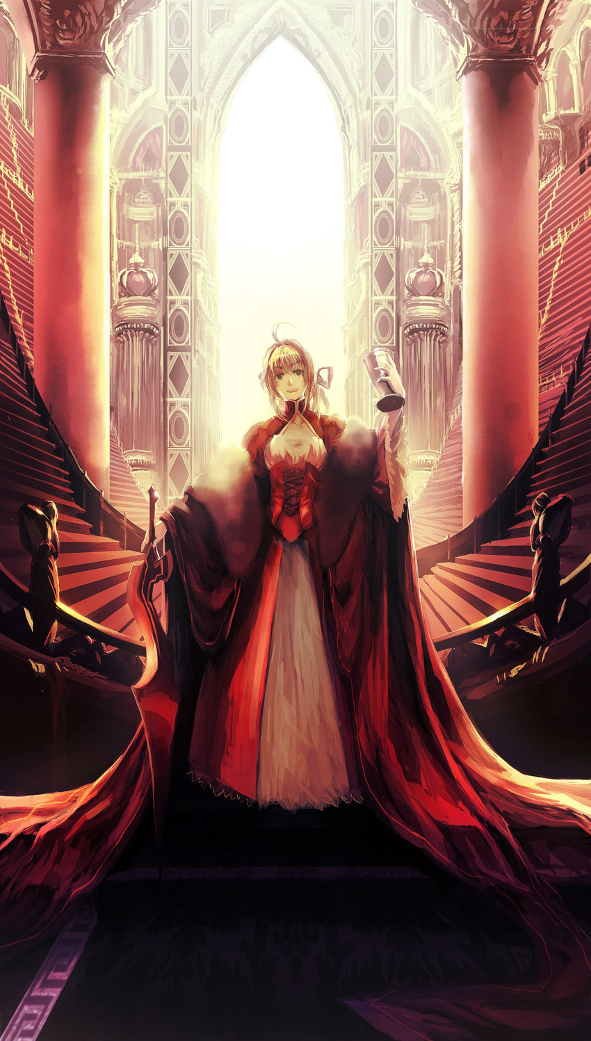 aestus_estus ahoge backlighting blonde_hair cape cleavage_cutout column cup dress epaulettes fate/extra fate_(series) green_eyes hair_ribbon highres kzcjimmy nero_claudius_(fate) nero_claudius_(fate)_(all) pillar ribbon scenery solo stairs standing sword weapon