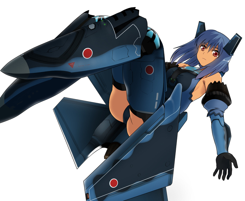 aasara aircraft airplane alternate_color bare_shoulders black_legwear blue_hair camouflage canopy f-35_lightning_ii gauntlets japan_air_self-defense_force japan_self-defense_force jet mecha_musume military original red_eyes robot_ears simple_background solo star star-shaped_pupils symbol-shaped_pupils thighhighs white_background