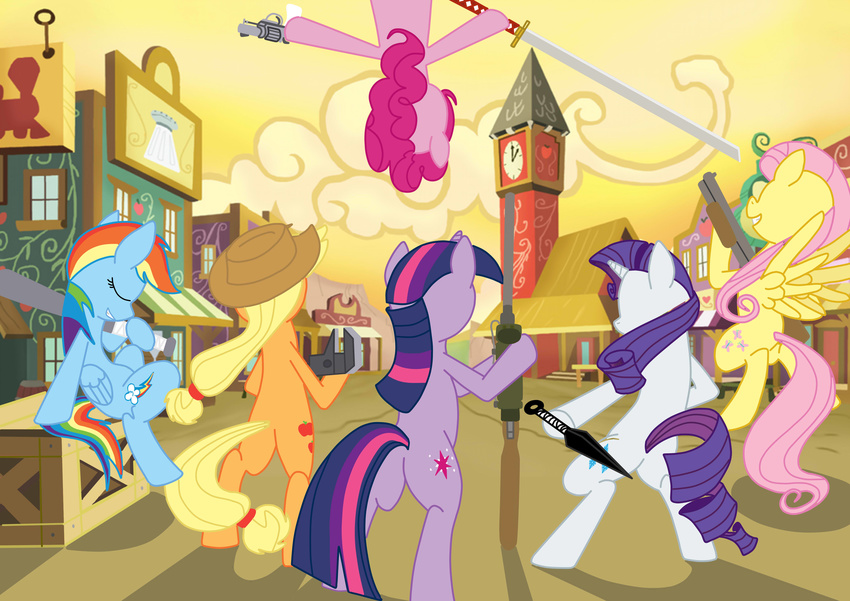 applejack_(mlp) baseball_bat blonde_hair city cityscape cutie_mark equine female fluttershy_(mlp) friendship_is_magic gun hair hat hi_res horn horse kunai mammal multi-colored_hair my_littile_fortress my_little_pony outside pegasus pink_hair pinkie_pie_(mlp) pistol pony purple_hair rainbow_dash_(mlp) rainbow_hair ranged_weapon rarity_(mlp) revolver shotgun sniper_rifle sword team_fortress_2 townscape twilight_sparkle_(mlp) unicorn weapon wings wrench