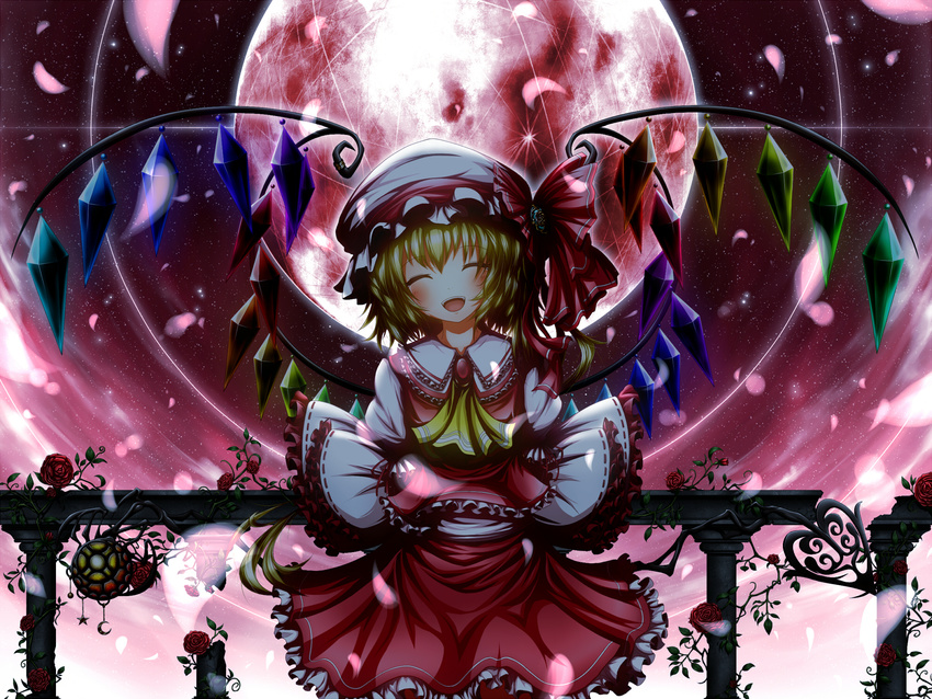 arms_behind_back ascot blush bow brooch closed_eyes embellished_costume flandre_scarlet flower frills full_moon gem hat hat_bow head_tilt highres jewelry laevatein long_hair moon open_mouth plant red_moon rose side_ponytail skirt skirt_set smile solo star_(sky) tears touhou ugume vines wings