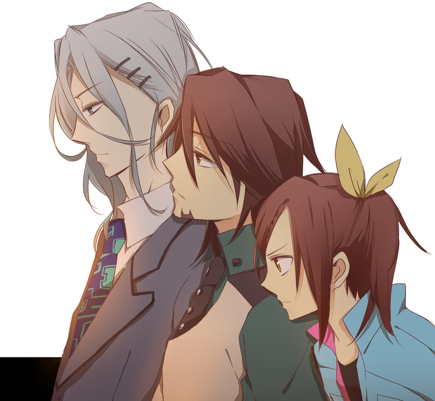 2boys blue_eyes bow braid brown_eyes brown_hair facial_hair father_and_daughter formal grey_hair hair_bow hair_ornament hairclip kaburagi_kaede kaburagi_t_kotetsu long_hair multiple_boys necktie ponytail profile short_hair side_ponytail stubble suit tiger_&amp;_bunny vest waistcoat yuri_petrov yuzuru_(xxelysionxx)