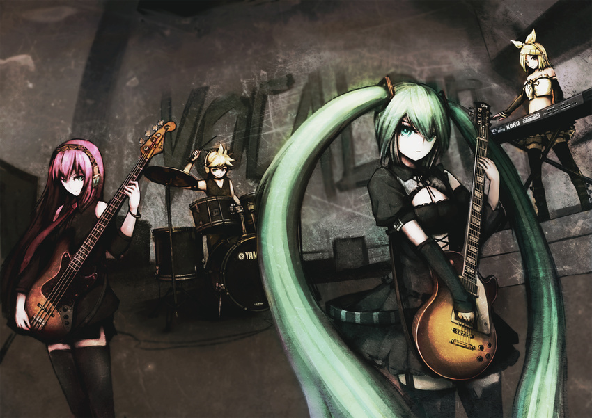 3girls aqua_eyes aqua_hair bass_guitar blonde_hair blue_eyes detached_sleeves drum electric_guitar gothic_lolita guitar hair_ornament hair_ribbon hairclip hatsune_miku highres instrument kagamine_len kagamine_rin lolita_fashion long_hair magic_xiang megurine_luka multiple_girls ribbon short_hair skirt smile thighhighs twintails very_long_hair vocaloid zettai_ryouiki