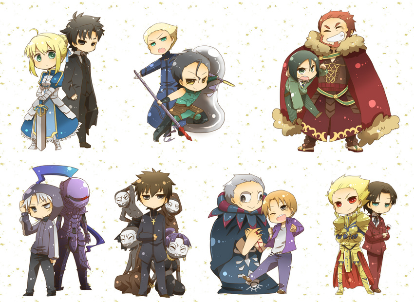 6+boys armor artoria_pendragon_(all) assassin_(fate/zero) bad_id bad_pixiv_id berserker_(fate/zero) cape caster_(fate/zero) emiya_kiritsugu everyone excalibur fate/zero fate_(series) gae_buidhe gae_dearg gilgamesh kayneth_el-melloi_archibald kotomine_kirei kou2121 lancer_(fate/zero) matou_kariya multiple_boys multiple_girls planted_sword planted_weapon rider_(fate/zero) saber sword toosaka_tokiomi uryuu_ryuunosuke volumen_hydragyrum waver_velvet weapon white_background