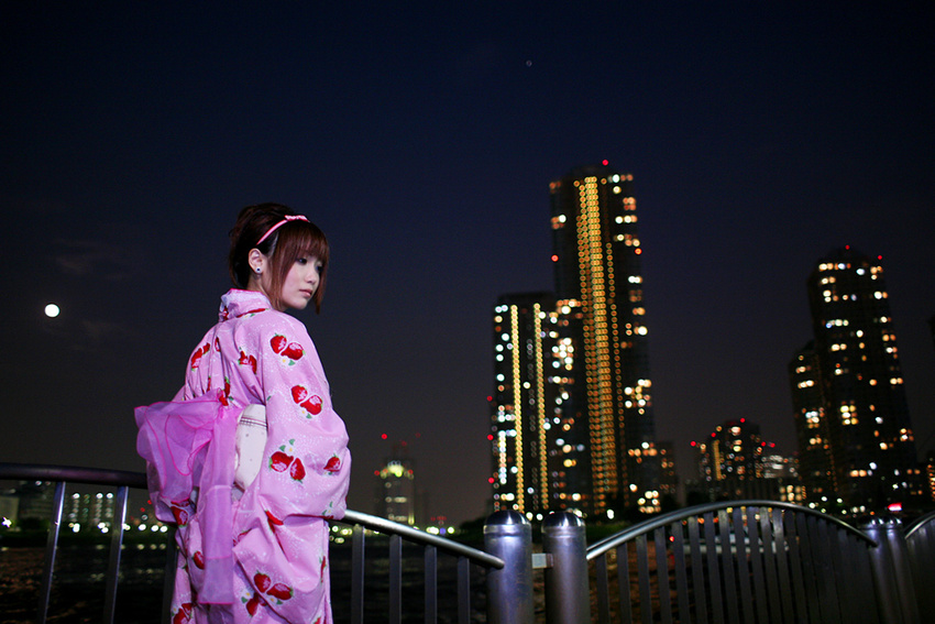 1girl cityscape hairband japanese_clothes kimono night night-shots photo shio sky solo strawberry_pattern waterfront