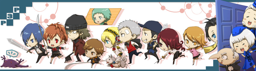 6+girls aegis_(persona) amada_ken android aragaki_shinjirou armband beanie blonde_hair blue_eyes brown_hair chibi dog elizabeth_(persona) everyone female_protagonist_(persona_3) hat headphones highres igor iori_junpei jigoku_meguri kirijou_mitsuru koromaru long_hair mochizuki_ryouji multiple_boys multiple_girls persona persona_3 persona_3_portable red_eyes sanada_akihiko school_uniform short_hair sweatdrop takeba_yukari teodor trench_coat weapon white_hair yamagishi_fuuka yellow_eyes yuuki_makoto