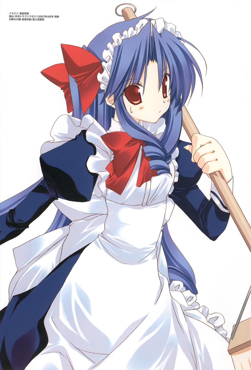 apron blue_hair bow goshuushou-sama_ninomiya-kun hair_bow highres houjou_reika maid red_eyes solo takanae_kyourin