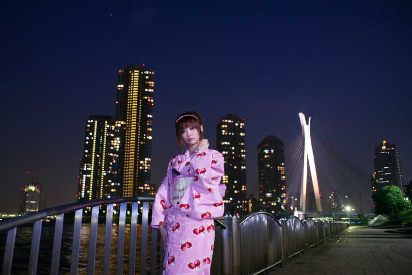 1girl cityscape hairband japanese_clothes kimono night night-shots photo shio sky solo strawberry_pattern water waterfront