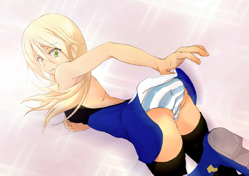 akkiyniyan arc_system_works artist_request ass bare_back blazblue blonde_hair boots embarrassed green_eyes highres noel_vermillion panties pantyshot striped striped_panties tears thighhighs underwear uniform